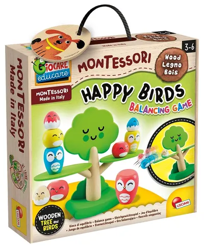 Joc educațional pentru echilibrare Lisciani Giochi - Montessori Baby Happy Birds cu puzzle