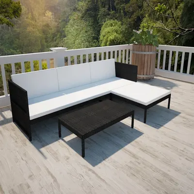 Gossi set mobilier de gradina cu perne, 3 piese, negru, poliratan