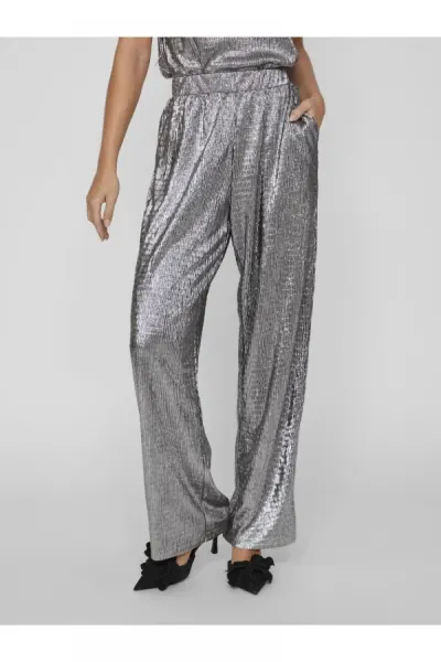 Pantaloni eleganti argintii cu croiala lejera plisati