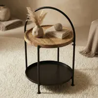Măsuță de cafea, rotundă, din lemn și metal cu două niveluri, 39×39×55 cm