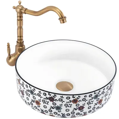 Lavoar baie cu montare pe blat, model floral multicolor, rotund, Rea Stefania