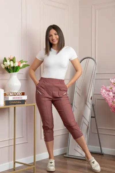 Pantaloni dama 3 4 Jenny roz marsala cu talie elastica si fermoare decorative