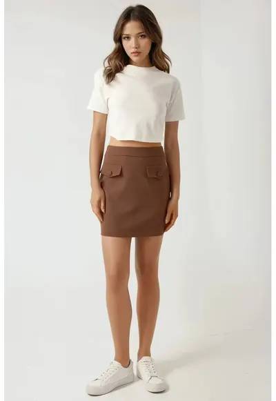 Fusta mini - colectia Pika - buzunare false - maro - textil