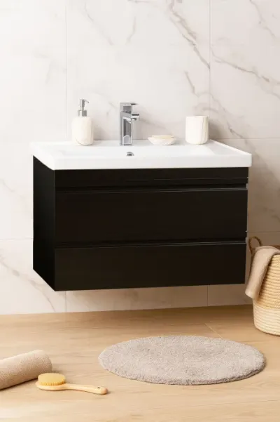 Set Baza front MDF si Lavoar seria 786, suspendata, cu sertare, montat, 80 cm, negru