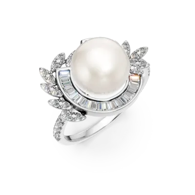 Inel din aur alb cu diamante baguette si rotunde de 0.7ct si perla de cultura