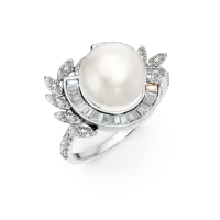 Inel din aur alb cu diamante baguette si rotunde de 0.7ct si perla de cultura