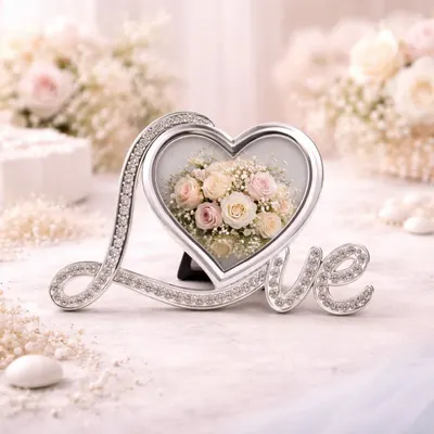 Ramă Foto AZAY Love cu Cristale, 8x8 cm, Ramă Foto Inimă pentru Cuplu, Cadou Romantic, Cadou Nuntă, Cutie Cadou Inclusă