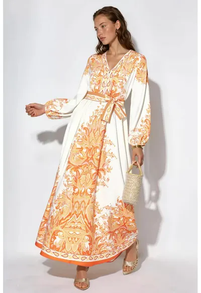 Rochie Maxi A-line MSN Paisley cu cordon - Portocalie - Poplin subtire - Maneci lungi