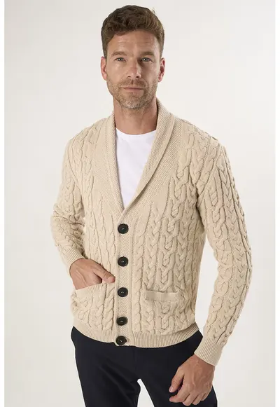 Cardigan din bumbac cu model torsade si nasturi - Bej