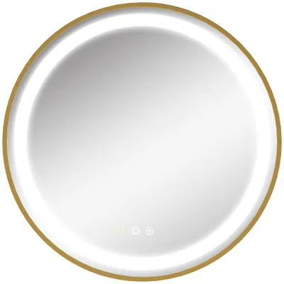 kleankin Oglindă de Baie Rotundă cu Lumină LED, Luminozitate Reglabilă și Întrerupătoare Touch, Ø60x4 cm, Auriu | Aosom Romania