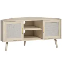 HOMCOM Comodă TV de colț 115 cm, mobilier pentru televizoare până la 165,1 cm, 2 uși din ratan 2 compartimente, stejar | Aosom Romania