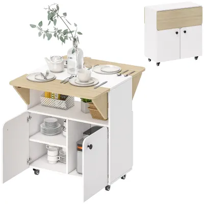 HOMCOM Masa de Dining Pliabilă cu Dulap pe Role, două părți pliabile ale mesei, Dulap, 4 Roți, Alb+Lemn natural, 70 x 83 x 75 cm | Aosom Romania