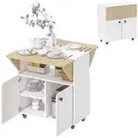 HOMCOM Masa de Dining Pliabilă cu Dulap pe Role, două părți pliabile ale mesei, Dulap, 4 Roți, Alb+Lemn natural, 70 x 83 x 75 cm | Aosom Romania