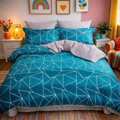 Lenjerie pat dublu, Finet, 6 piese, Turquoise, forme geometrice