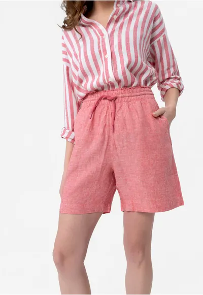 Pantaloni scurti dama din amestec de in si viscoza - talie elastica cu snur - buzunare frontale - Relaxed Fit - P-Media - roz - Roz
