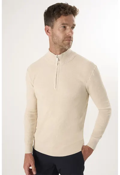 Pulover slim-fit cu fenta cu fermoar - Bej inchis