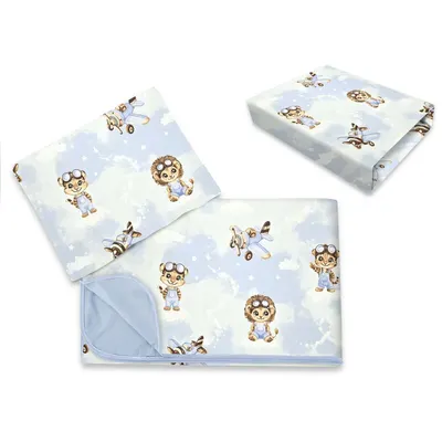 Lenjerie patut cu 3 piese, Qmini, Cu cearceaf 120x60 cm, Din bumbac certificat Oeko Tex Standard 100, Cu paturica si pernuta, Sky Adventure