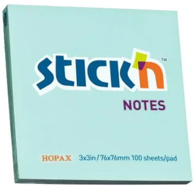 Notite adezive Stick'n - 76 x 76 mm, albastru pastel, 100 file
