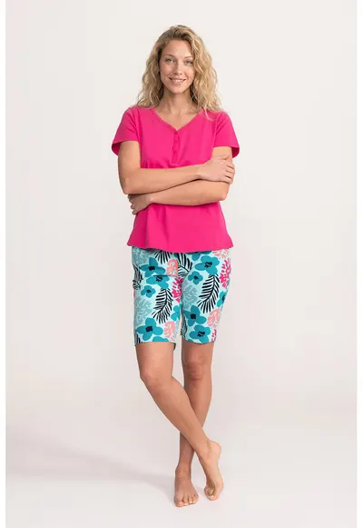 Pijama cu pantaloni sucrti si imprimeu floral Valerie - Negru/Roz aprins/Albastru deschis
