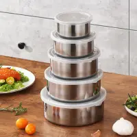 Set 5 Caserole Metalice cu Capac Plastic, Depozitare Alimente Inox, Diferite Dimensiuni, Bucatarie