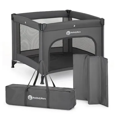 Tarc pliant, Petite&Mars, Nook, 90 x 90 cm, Pliere compacta, Include geanta de transport, Intrare laterala, Pereti din plasa, Structura stabila, Pana la 15 kg, 0 luni+, Gri
