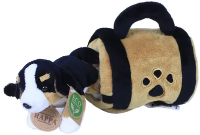 Jucărie de pluș Rappa Eco Friends - Câine de munte bernese în geantă de călătorie, 20 cm