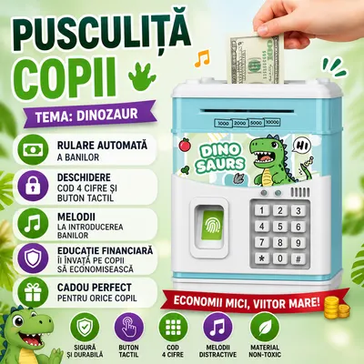 Pusculita pentru copii tip seif, Cod pin si amprenta, Muzica, Rulare automata a banilor, Dinosaurs, Bleu