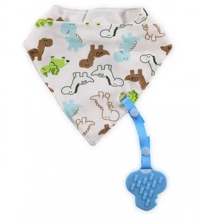 Baveta tip bandana cu snur si jucarie dentitie bumbac Boy albastru