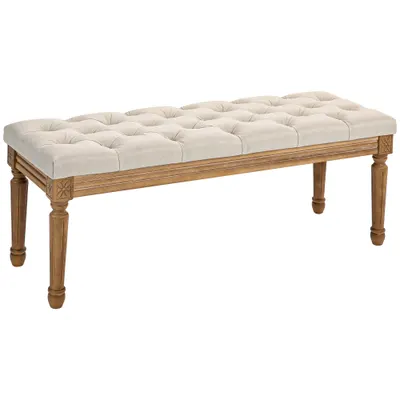 HOMCOM Bancă Tapițată pentru Capătul Patului cu Șezut Matlasat cu Nasturi, din Material Textil și Lemn, 120x41x48cm, Crem | Aosom Romania