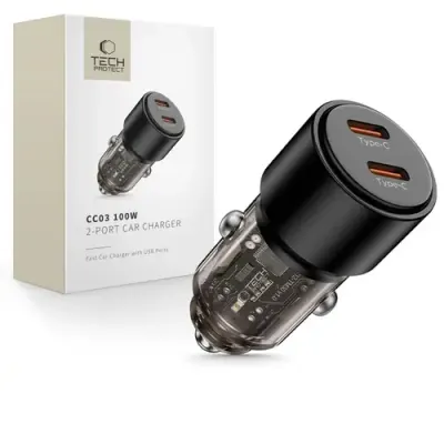 Incarcator auto Tech-Protect CC03, 2 porturi USB-C, incarcare rapida, set 1 bucata, Negru