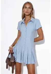 Rochie camasa Midi casual - albastru deschis - 87% modal - maneca scurta
