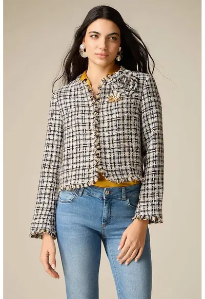 Sacou crop din tuid - Negru/Alb murdar