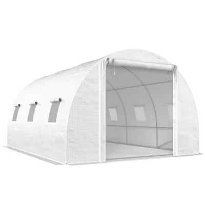Outsunny Seră de Grădină Tip Tunel 4x3x2 m cu 2 Bare Detașabile, Uși Rulabile și Ferestre cu Plasă, Seră pentru Grădină de Legume și Flori, Structură din Oțel Zincat și Acoperire PE, Alb | Aosom Romania