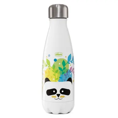 Termos inox pentru copii, Chicco Panda, alb cu figurine, 350ml, 3ani+