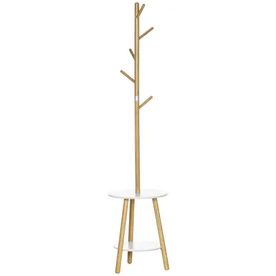 HOMCOM Set Cuier și Măsuță de Cafea Rotundă, pentru Hol, din MDF și Aluminiu, 39,5x39,5x171 cm, Culoare Lemn și Alb | Aosom Romania