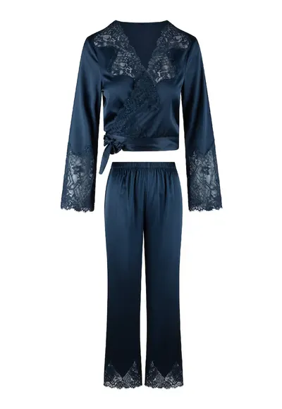 Pijama din satin cu bluza cu maneci lungi - Bleumarin
