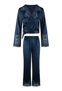 Pijama din satin cu bluza cu maneci lungi - Bleumarin