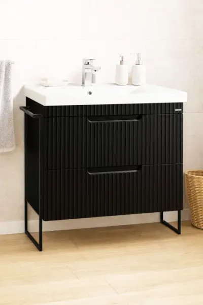 Set Baza front MDF si Lavoar seria 733, cadru metalic, cu sertare, montata, 80 cm, negru