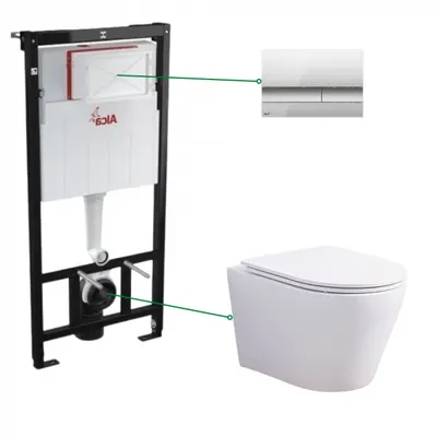 Set vas wc suspendat rimless cu capac soft close Oslo Foglia, rezervor incastrat si clapeta crom mat Alcaplast