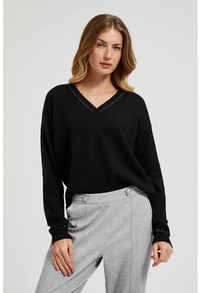 Pulover negru cu decolteu in V si maneci lungi - Negru