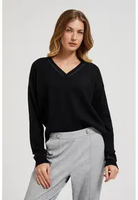 Pulover negru cu decolteu in V si maneci lungi - Negru