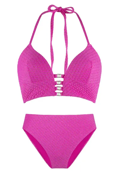 Costum de baie din doua piese cu aspect stralucitor - Roz