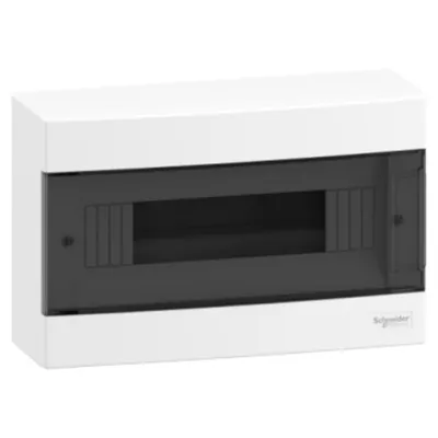 Easy9EU, Cofret cu montaj aparent, 1x12 Module, usa fumurie, cu 2 blocuri terminale