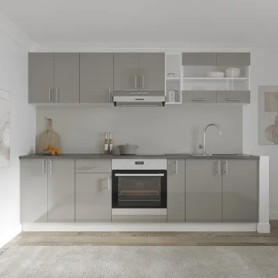 Set Bucatarie Karo V19, Gri Lucios/Alb, MDF, Blat Thermo 28 mm, L 260 cm