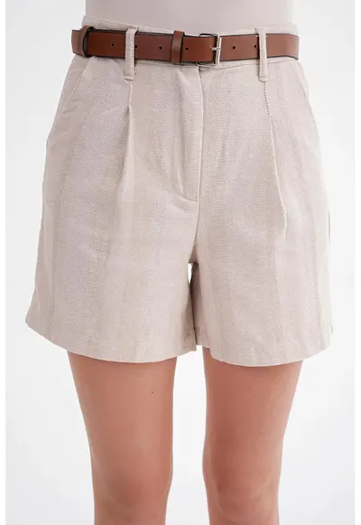Pantaloni scurti dama - talie inalta - detaliu curea - natural - textil
