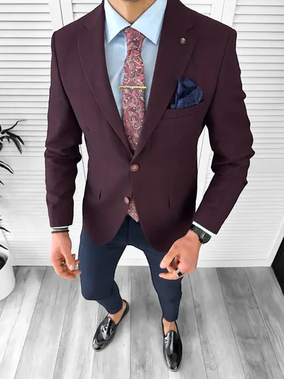Sacou barbati slim fit, grena cu carouri, 3562