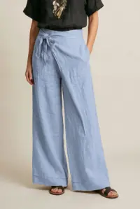 Pantaloni din in petrecuti, croi amplu, talie ajustabila, stil natural elegant, bleu