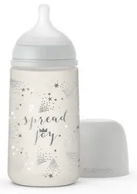Set cadou biberon 270 ml + suzeta 0-6m si clema Spread Joy Suavinex Silver Premium