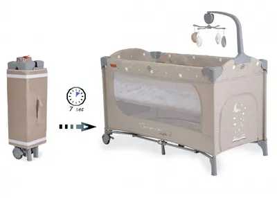 Patut pliabil pentru copii cu 2 nivele Cangaroo Once Upon a Time L2 Beige, usa acces cu fermoar, buzunar accesorii, saltea pliabila,carusel muzical si geanta transport incluse