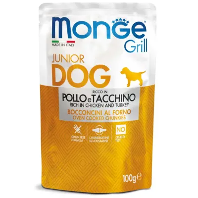 MONGE Grill Junior, XS-XL, Pui și Curcan, plic hrană umedă câini junior, (în suc propriu), 100g